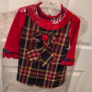 Miranda Holiday Plaid Bow Dress with Red Velvet Sleeves